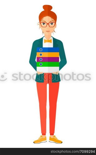 A woman standing with pile of folders vector flat design illustration isolated on white background. . Woman holding pile of folders.