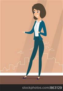 A woman stands against the silhouette of the city. Vector illustration of working cartoon characters in coworking studio. The concept of construction, architecture, design