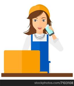 A woman taking an order by phone vector flat design illustration isolated on white background. . Florist taking order.