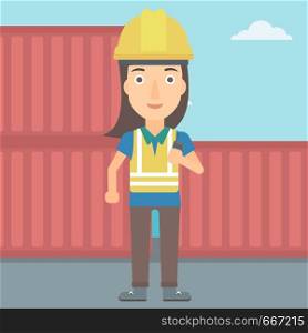 A woman talking to a portable radio on cargo containers background vector flat design illustration. Square layout.. Stevedore standing on cargo containers background.