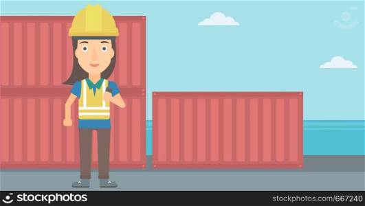 A woman talking to a portable radio on cargo containers background vector flat design illustration. Horizontal layout.. Stevedore standing on cargo containers background.