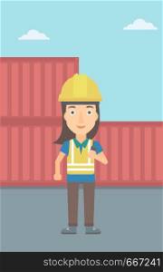 A woman talking to a portable radio on cargo containers background vector flat design illustration. Vertical layout.. Stevedore standing on cargo containers background.