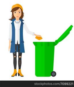 A woman throwing a trash into a green bin vector flat design illustration isolated on white background. Square layout.. Woman throwing trash.