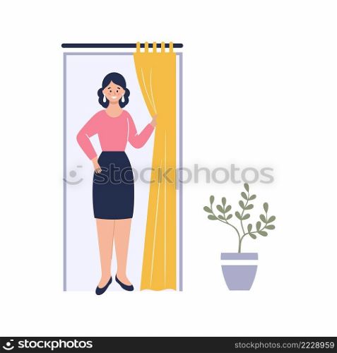 A woman tries on a dress in the fitting room. Buying clothes in the store. Beautiful girl in a skirt and blouse. Vector flat character.