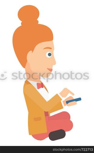 A woman using mobile phone vector flat design illustration isolated on white background. . Woman using mobile phone.