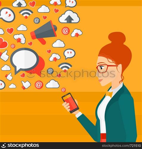 A woman using smartphone with lots of social media application icons flying out vector flat design illustration isolated on yellow background. Square layout.. Social media applications.