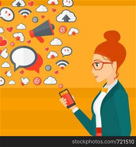 A woman using smartphone with lots of social media application icons flying out vector flat design illustration isolated on yellow background. Square layout.. Social media applications.