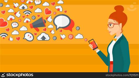 A woman using smartphone with lots of social media application icons flying out vector flat design illustration isolated on yellow background. Horizontal layout.. Social media applications.
