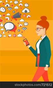 A woman using smartphone with lots of social media application icons flying out vector flat design illustration isolated on yellow background. Vertical layout.. Social media applications.