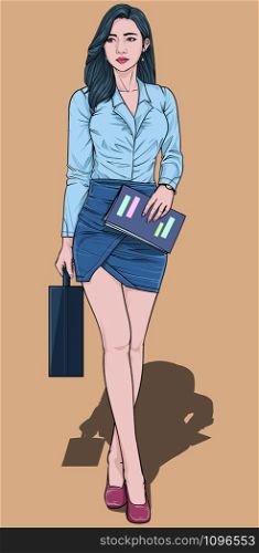 A woman walking to the office Illustration vector On pop art comics style Abstract colorful background