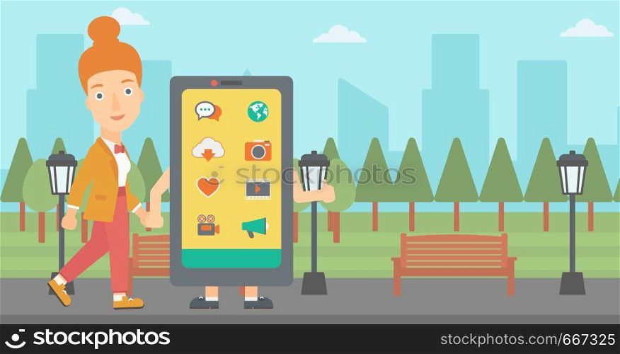 A woman walking with a big smartphone in the park vector flat design illustration. Horizontal layout.. Woman walking with smartphone.