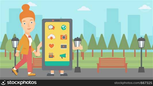 A woman walking with a big smartphone in the park vector flat design illustration. Horizontal layout.. Woman walking with smartphone.