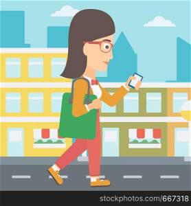 A woman walking with a smartphone on a city background vector flat design illustration. Square layout.. Woman walking with smartphone.