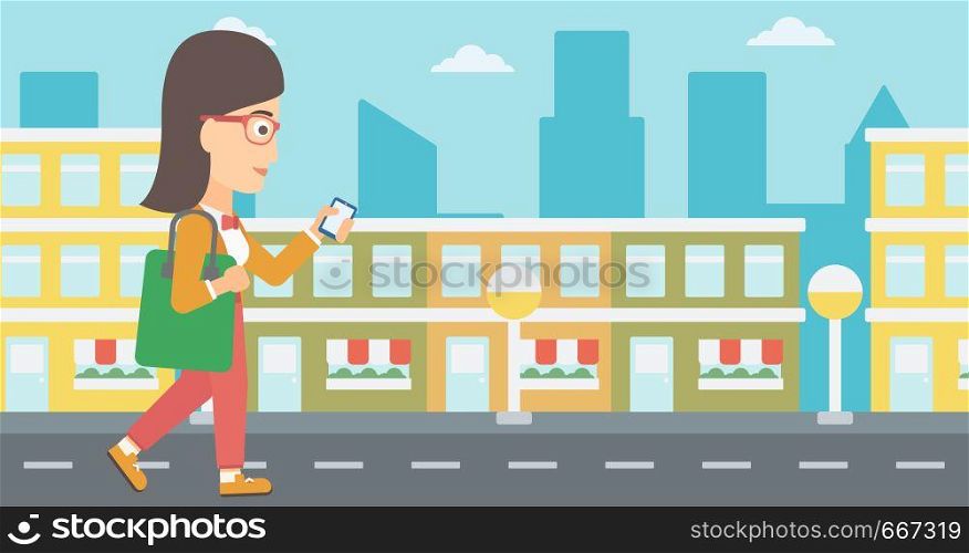 A woman walking with a smartphone on a city background vector flat design illustration. Horizontal layout.. Woman walking with smartphone.