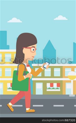 A woman walking with a smartphone on a city background vector flat design illustration. Vertical layout.. Woman walking with smartphone.