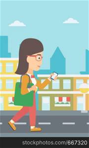 A woman walking with a smartphone on a city background vector flat design illustration. Vertical layout.. Woman walking with smartphone.