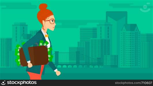 A woman walking with suitcase full of money on the background of modern city vector flat design illustration. Horizontal layout.. Woman with suitcase full of money.