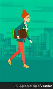 A woman walking with suitcase full of money on the background of modern city vector flat design illustration. Vertical layout.. Woman with suitcase full of money.