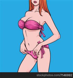 A woman wearing a bikini in the beach fashion Illustration vector On pop art comics style Abstract colorful background