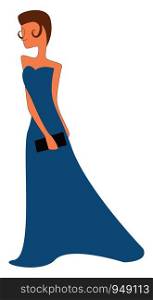 A woman wearing a long blue dress for party, vector, color drawing or illustration.