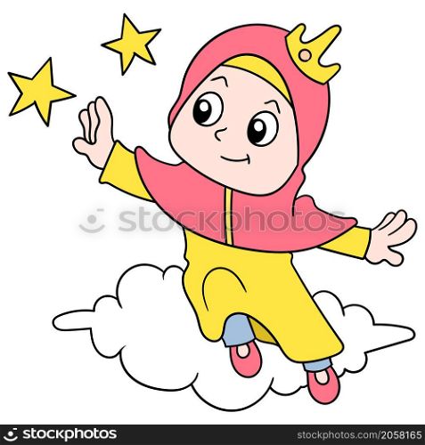 a woman wearing a muslim hijab is siting on a cloud reaching her dream as high as a star