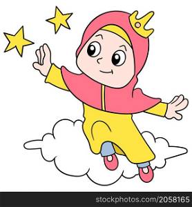 a woman wearing a muslim hijab is siting on a cloud reaching her dream as high as a star