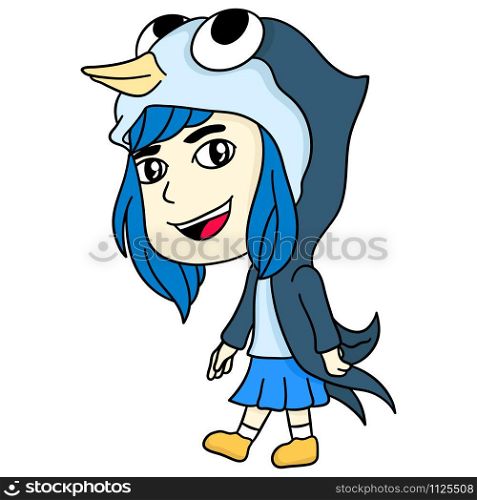 a woman wearing a penguin costume. cartoon illustration cute sticker