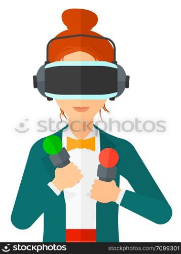 A woman wearing a virtual relaity headset vector flat design illustration isolated on white background. . Woman wearing virtual reality headset.