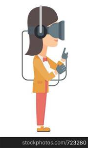 A woman wearing a virtual relaity headset vector flat design illustration isolated on white background. . Woman wearing virtual reality headset.
