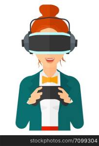 A woman wearing a virtual relaity headset with remote control in hands vector flat design illustration isolated on white background. . Woman wearing virtual reality headset.