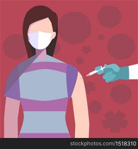 A woman wearing the face mask is being vaccinated on her arm.