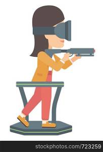 A woman wearing virtual reality headset and standing on a treadmill with a gun in hands vector flat design illustration isolated on white background. . Full virtual reality.
