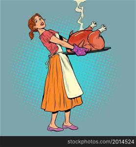 A woman with a big roast turkey. Christmas or Thanksgiving, a family holiday. Cooking poultry. Pop art retro vector illustration 50s 60 vintage kitsch style. A woman with a big roast turkey. Christmas or Thanksgiving, a family holiday. Cooking poultry