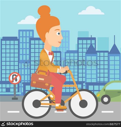 A woman with a briefcase cycling to work on city background vector flat design illustration. Square layout.. Woman cycling to work.