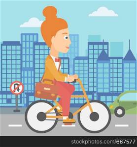 A woman with a briefcase cycling to work on city background vector flat design illustration. Square layout.. Woman cycling to work.