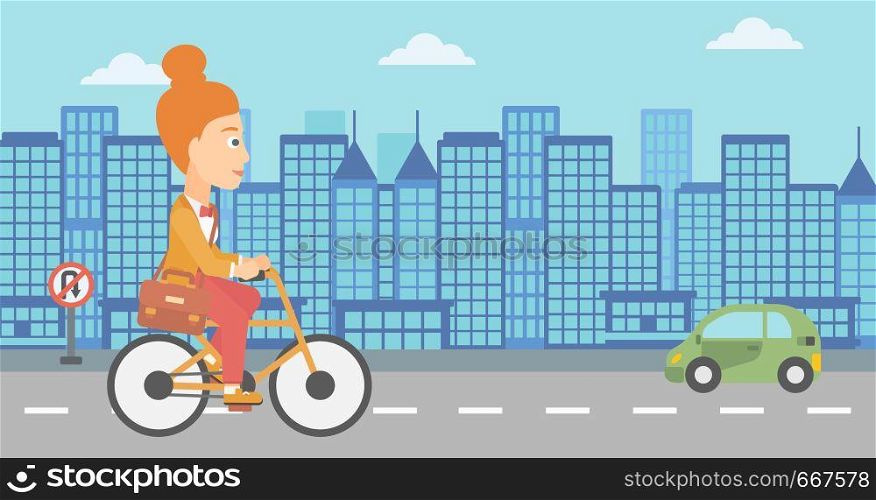 A woman with a briefcase cycling to work on city background vector flat design illustration. Horizontal layout.. Woman cycling to work.