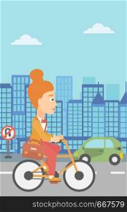 A woman with a briefcase cycling to work on city background vector flat design illustration. Vertical layout.. Woman cycling to work.