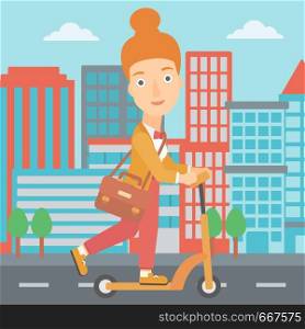 A woman with a briefcase riding to work on scooter on city background vector flat design illustration. Square layout.. Woman riding on scooter.