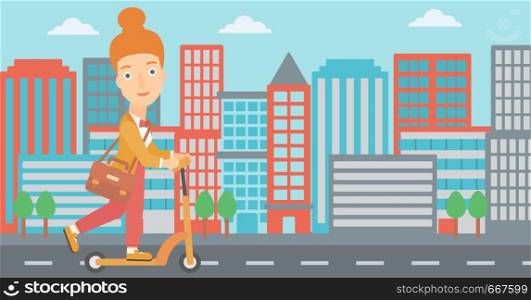 A woman with a briefcase riding to work on scooter on city background vector flat design illustration. Horizontal layout.. Woman riding on scooter.