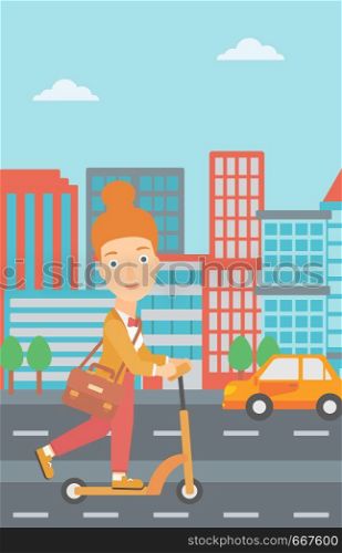 A woman with a briefcase riding to work on scooter on city background vector flat design illustration. Vertical layout.. Woman riding on scooter.