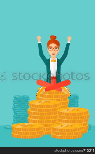 A woman with a happy face and raised hands sitting on golden coins on a blue background vector flat design illustration. Vertical layout.. Happy business woman sitting on coins.