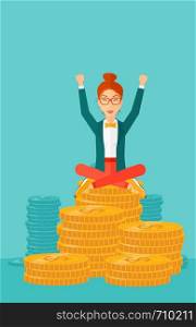 A woman with a happy face and raised hands sitting on golden coins on a blue background vector flat design illustration. Vertical layout.. Happy business woman sitting on coins.