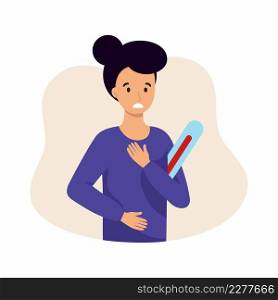 A woman with a high fever and symptoms of a viral infection. Vector character in a flat style.