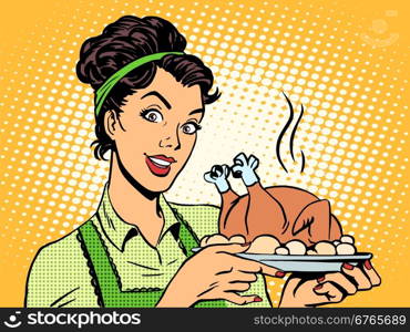 A woman with a hot dish bird in the potatoes. Cooking home food retro style pop art. woman hot dish bird potatoes