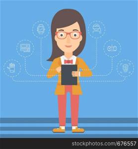 A woman with a tablet computer and some icons connected to the device on a light blue background vector flat design illustration. Square layout.. Woman holding tablet computer.