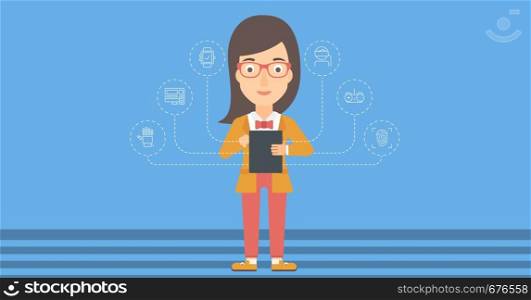 A woman with a tablet computer and some icons connected to the device on a light blue background vector flat design illustration. Horizontal layout.. Woman holding tablet computer.