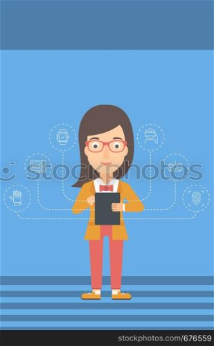 A woman with a tablet computer and some icons connected to the device on a light blue background vector flat design illustration. Vertical layout.. Woman holding tablet computer.