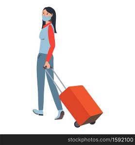 A woman with a valise in a medical mask. Travel infection protection. Coronavirus. Traveler at the airport. Flat style. The illustration is isolated on a white background.. A woman with a valise in a medical mask. Travel infection protection.