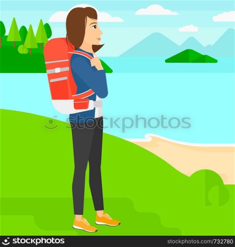 A woman with backpack standing on top of a hill and enjoying the sea view vector flat design illustration. Square layout.. Woman with backpack hiking.