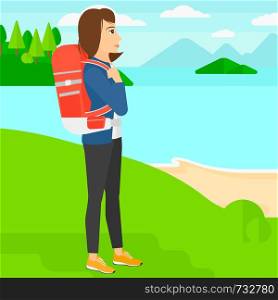 A woman with backpack standing on top of a hill and enjoying the sea view vector flat design illustration. Square layout.. Woman with backpack hiking.